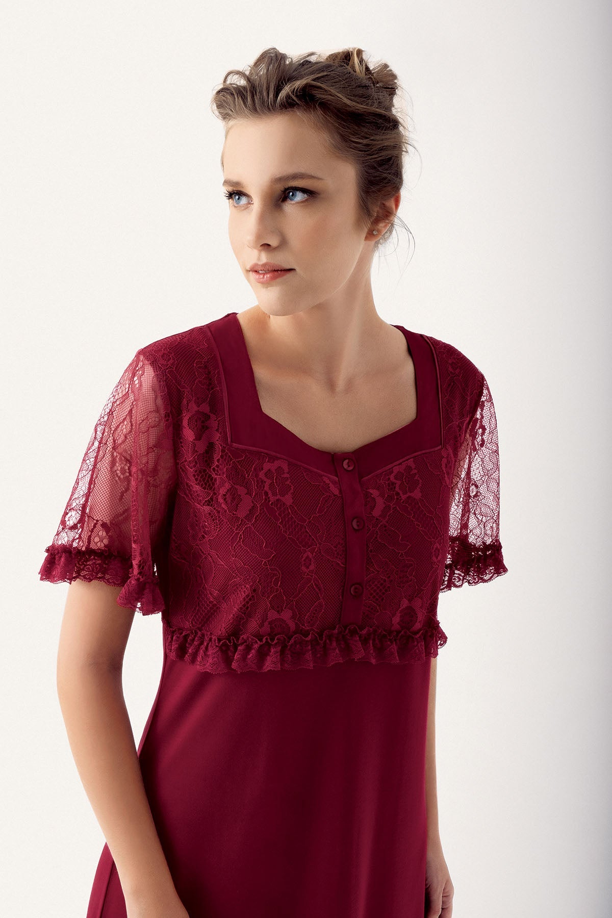 Lace Sleeve Maternity & Nursing Nightgown Claret Red - 14100