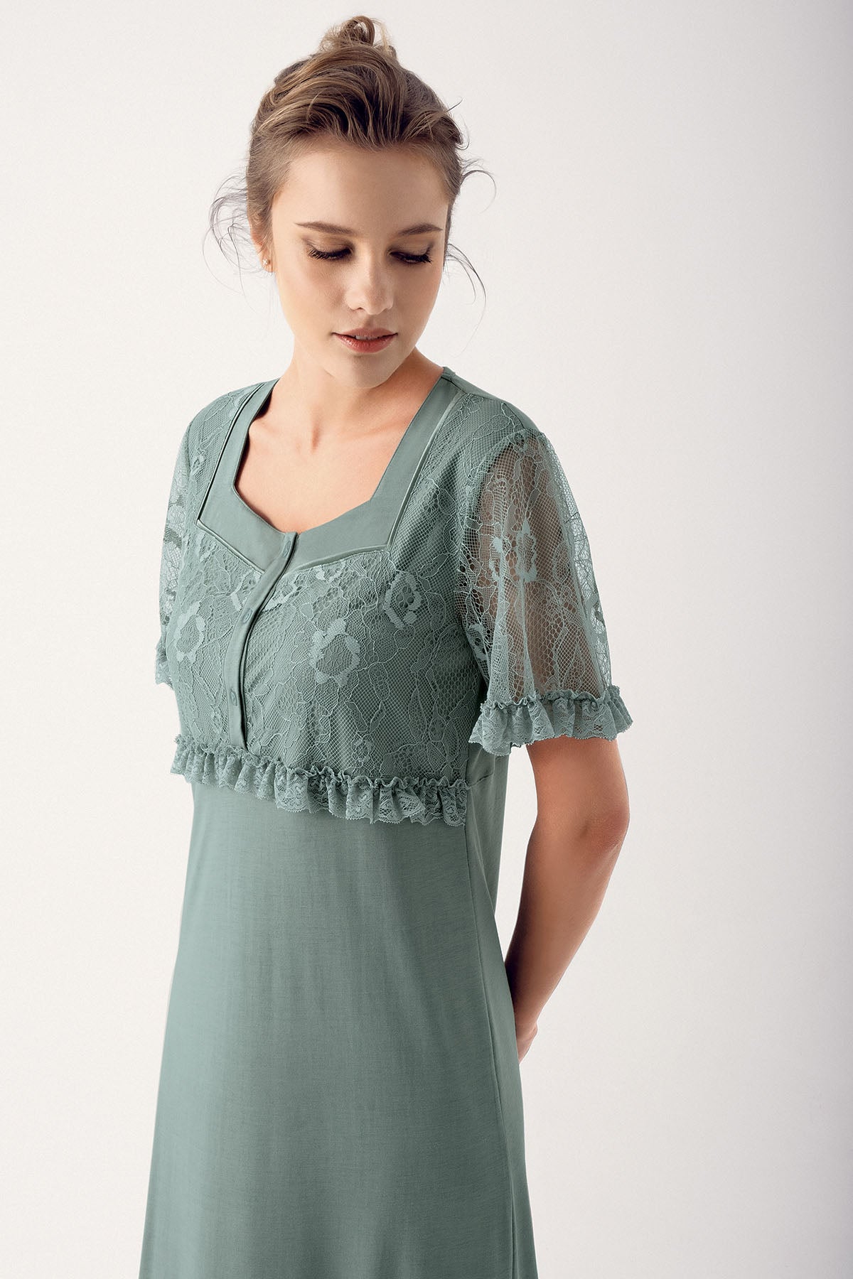 Lace Sleeve Maternity & Nursing Nightgown Green - 14100