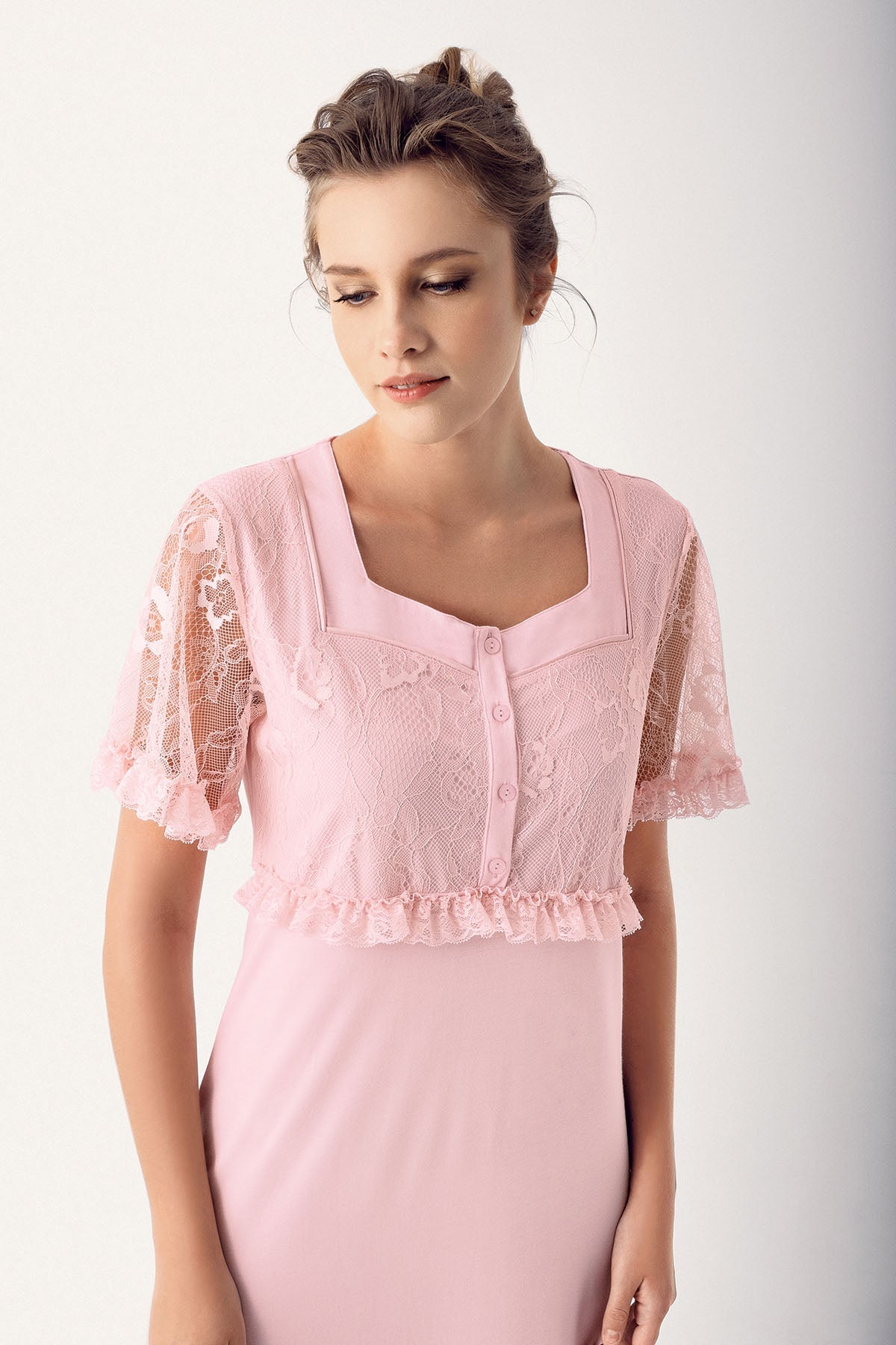 Lace Sleeve Maternity & Nursing Nightgown Powder - 14100