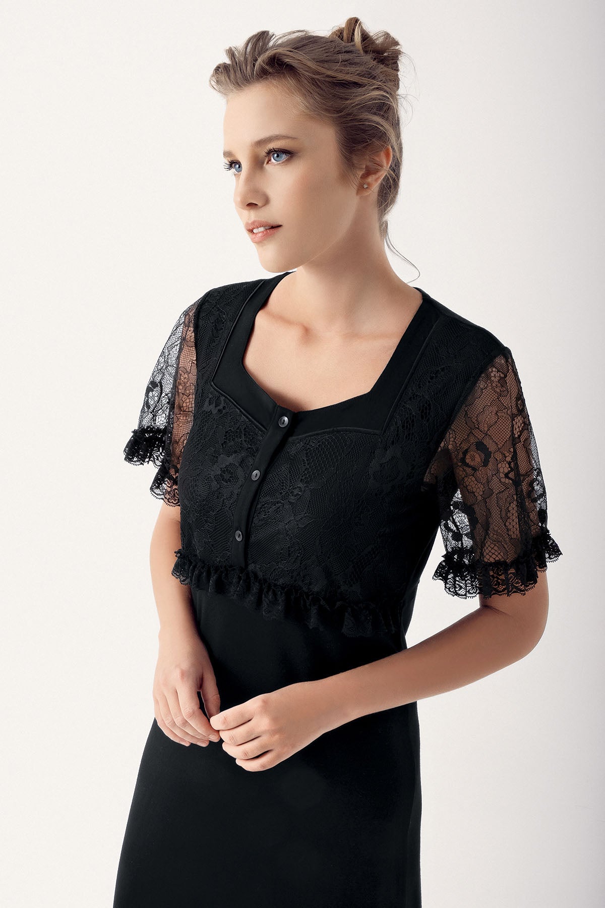 Lace Sleeve Maternity & Nursing Nightgown Black - 14100