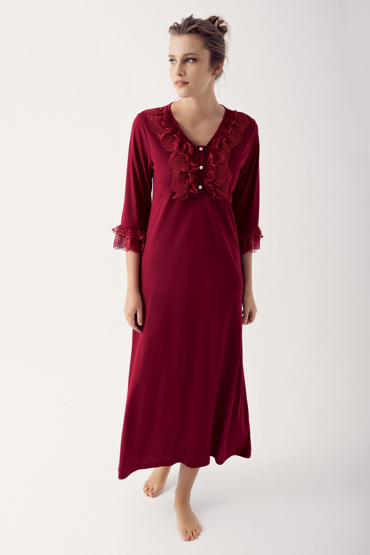 Leaf Lace Maternity & Nursing Nightgown Claret Red - 14103