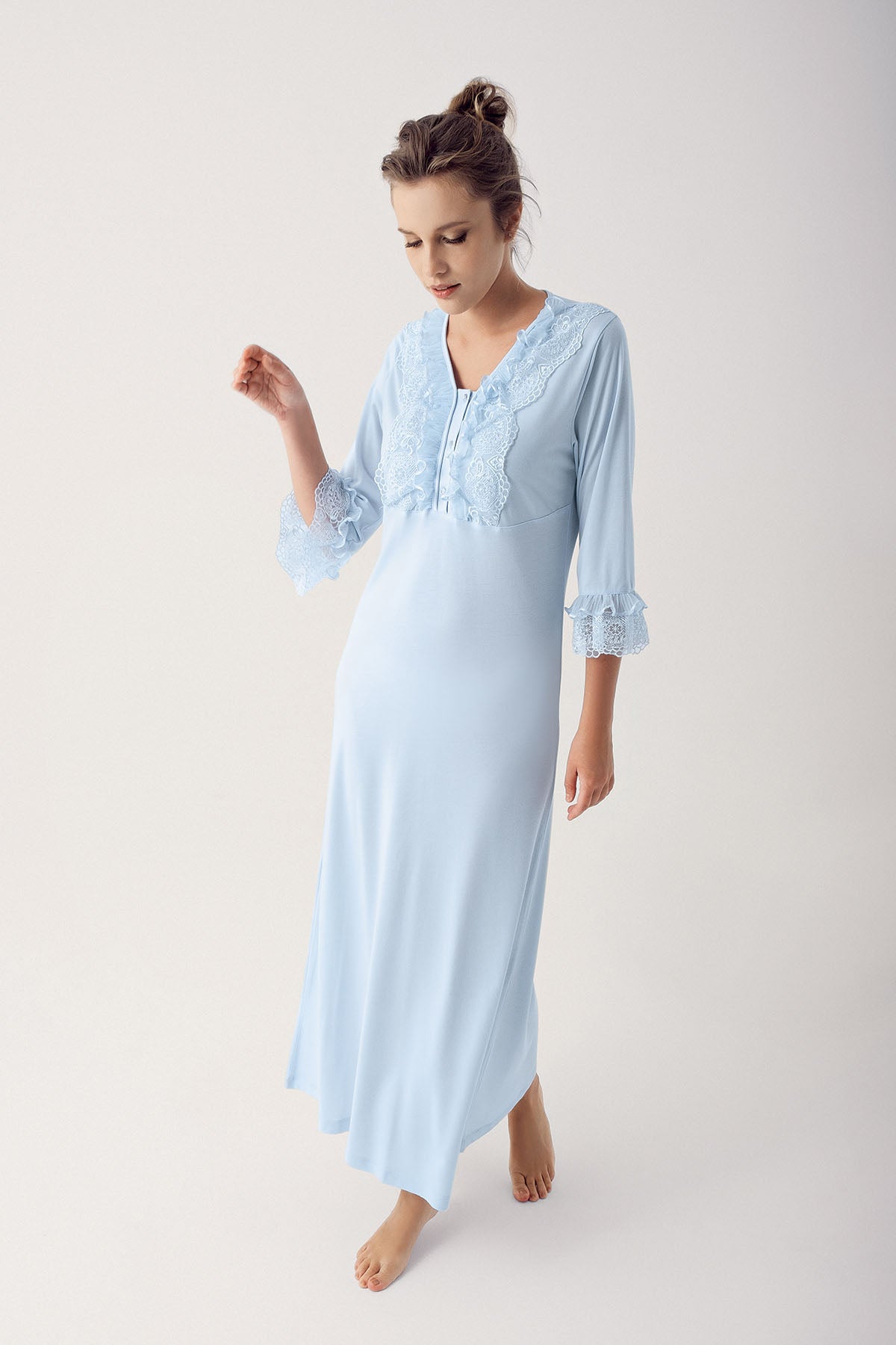 Leaf Lace Maternity & Nursing Nightgown Blue - 14103