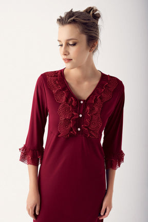 Leaf Lace Maternity & Nursing Nightgown Claret Red - 14103