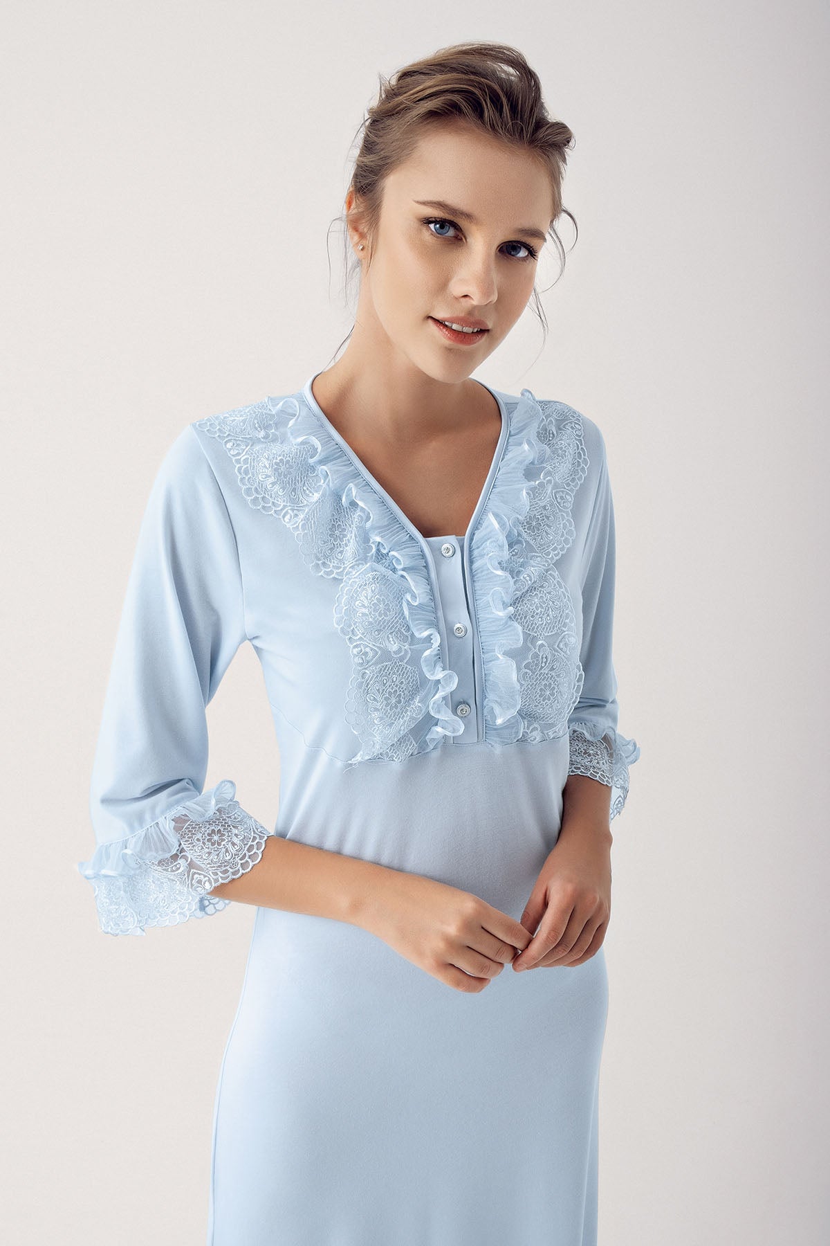 Leaf Lace Maternity & Nursing Nightgown With Robe Blue - 14403