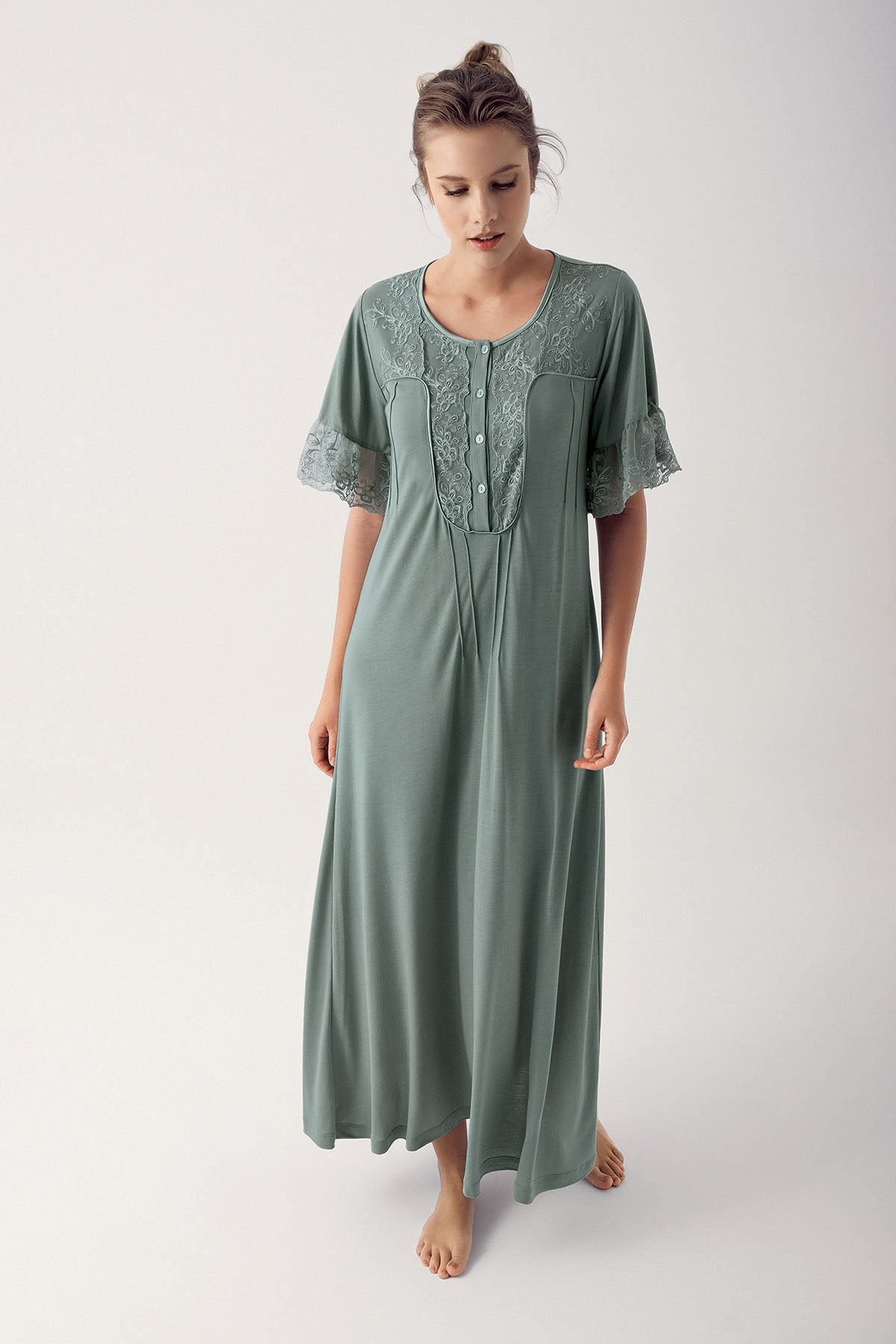 Collar And Sleeve Lace Maternity & Nursing Nightgown Green - 14105