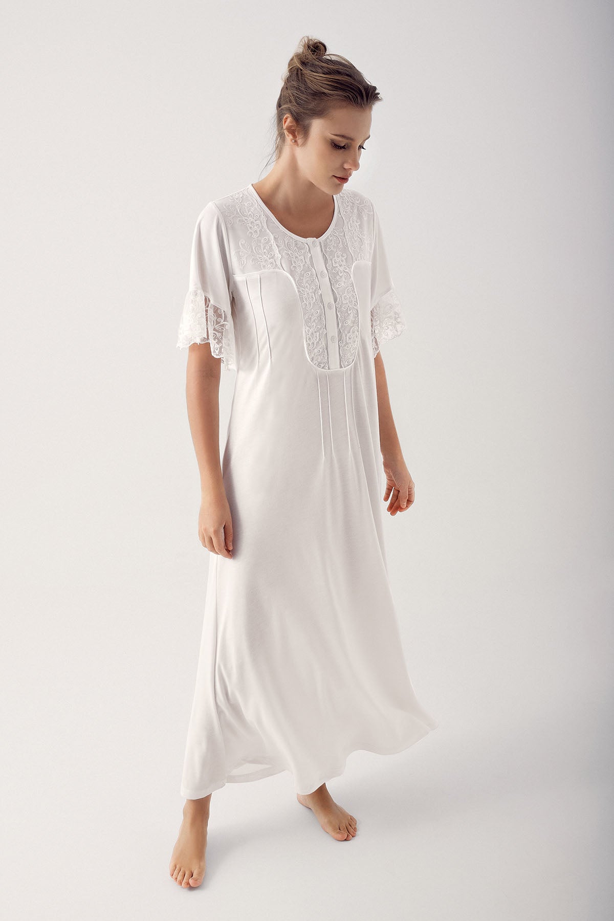 Collar And Sleeve Lace Maternity & Nursing Nightgown Ecru - 14105