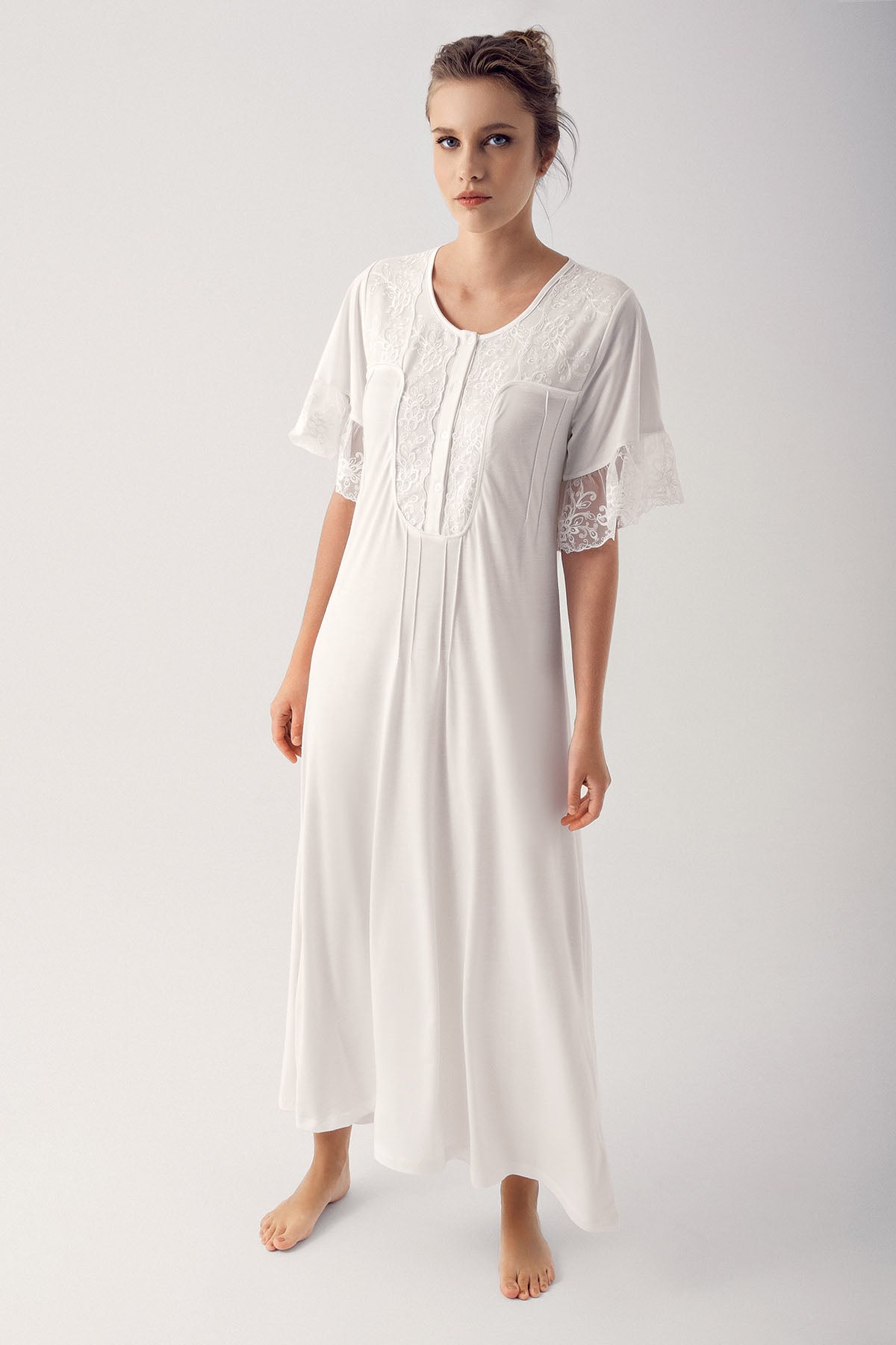Collar And Sleeve Lace Maternity & Nursing Nightgown Ecru - 14105