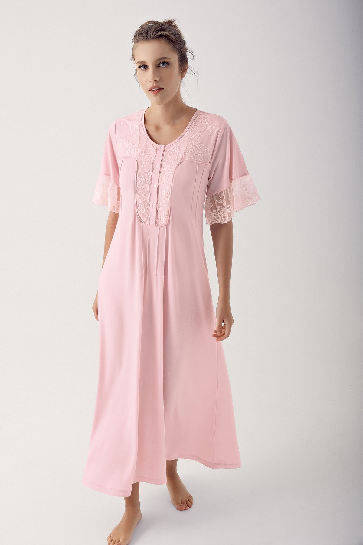 Collar And Sleeve Lace Maternity & Nursing Nightgown Powder - 14105