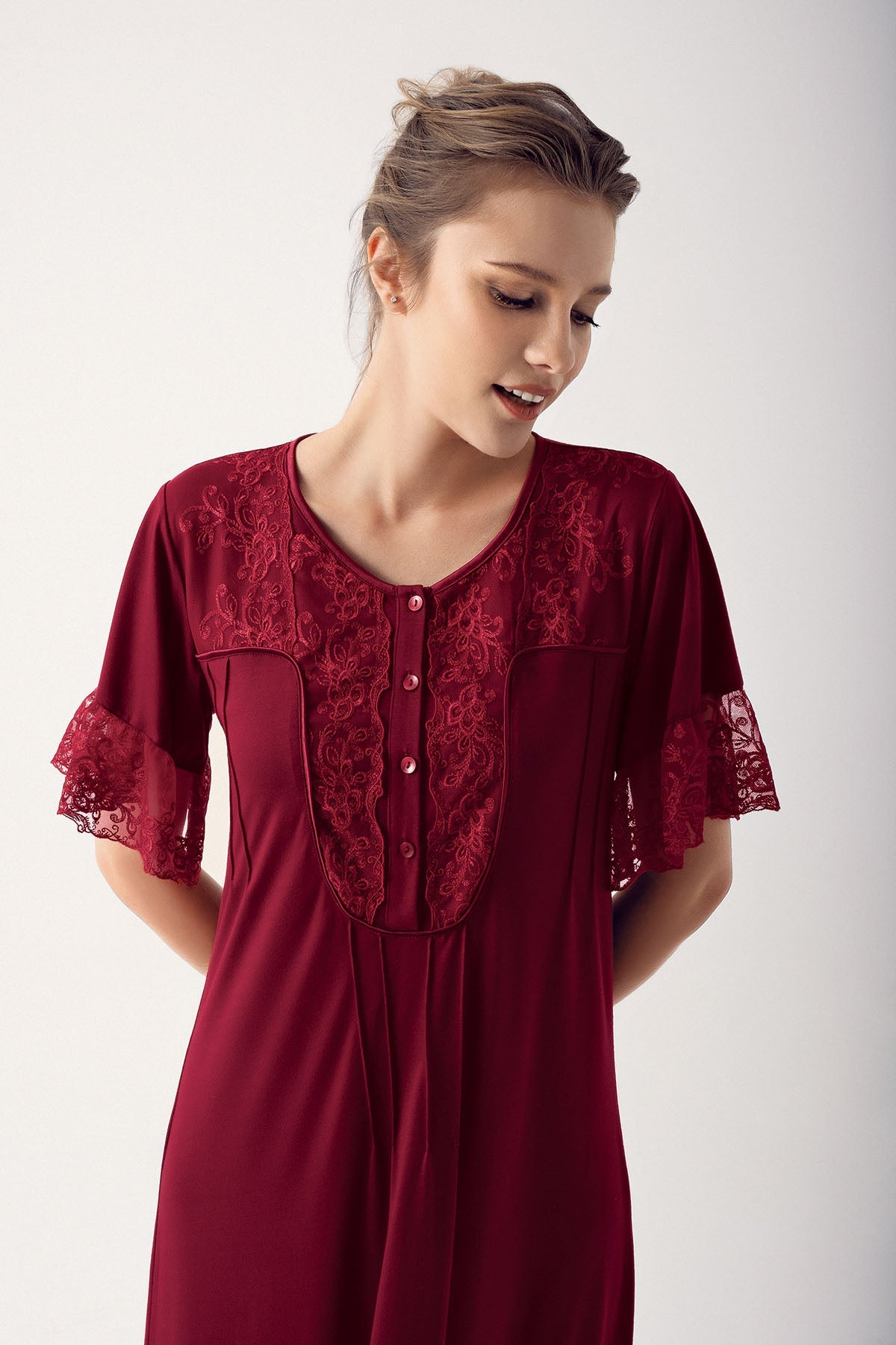 Collar And Sleeve Lace Maternity & Nursing Nightgown Claret Red - 14105