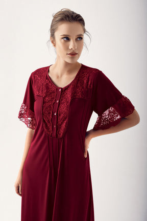 Collar And Sleeve Lace Maternity & Nursing Nightgown Claret Red - 14105