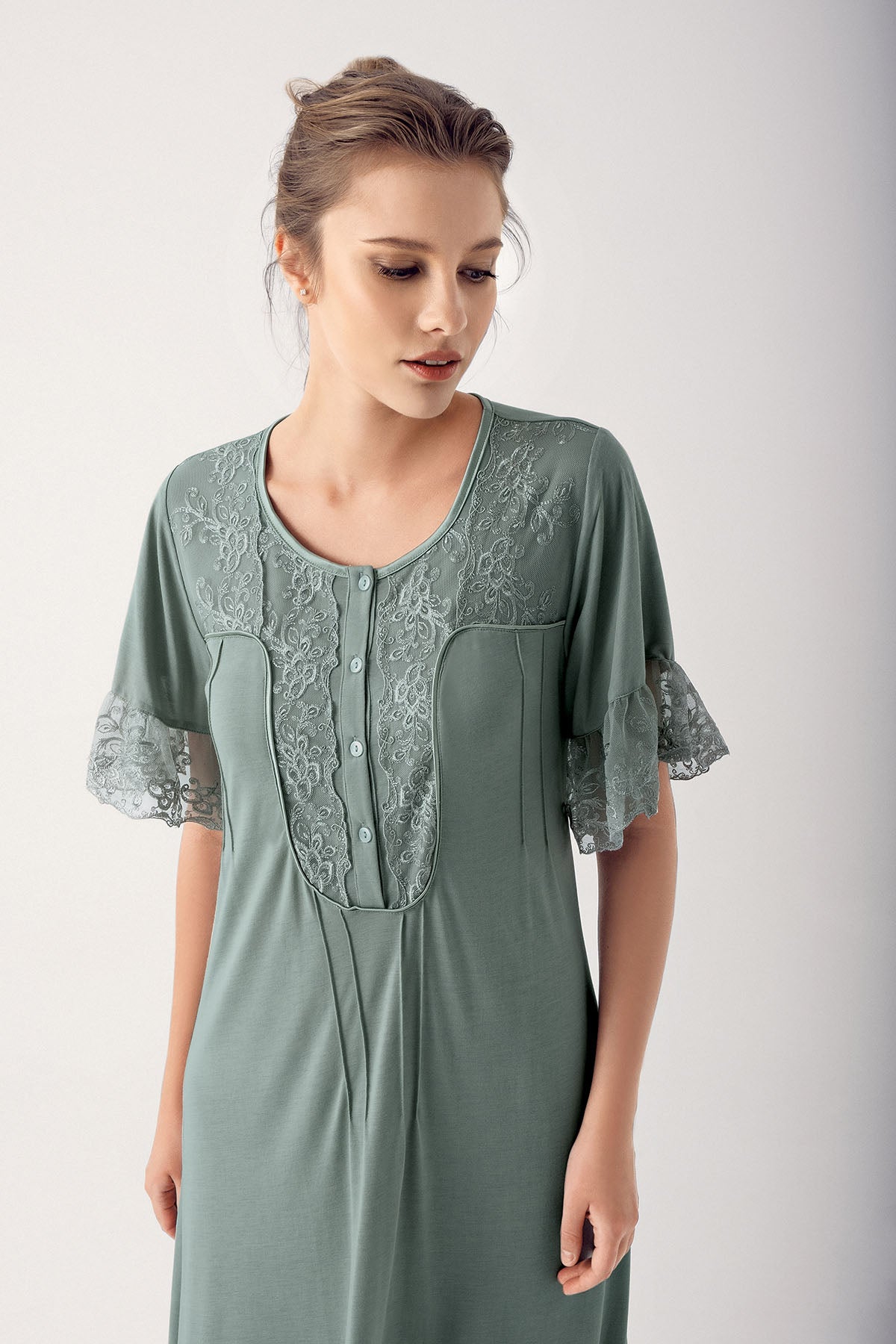 Collar And Sleeve Lace Maternity & Nursing Nightgown Green - 14105