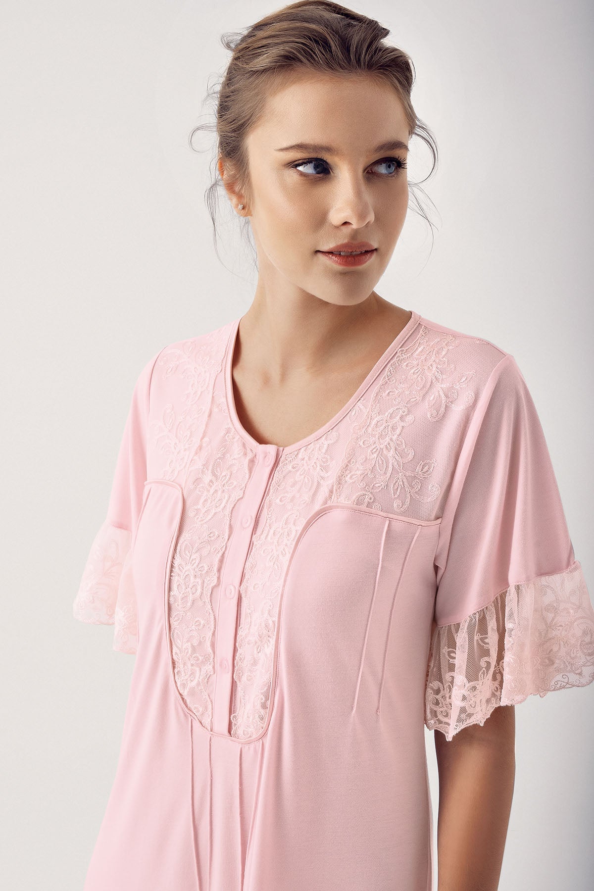 Collar And Sleeve Lace Maternity & Nursing Nightgown Powder - 14105