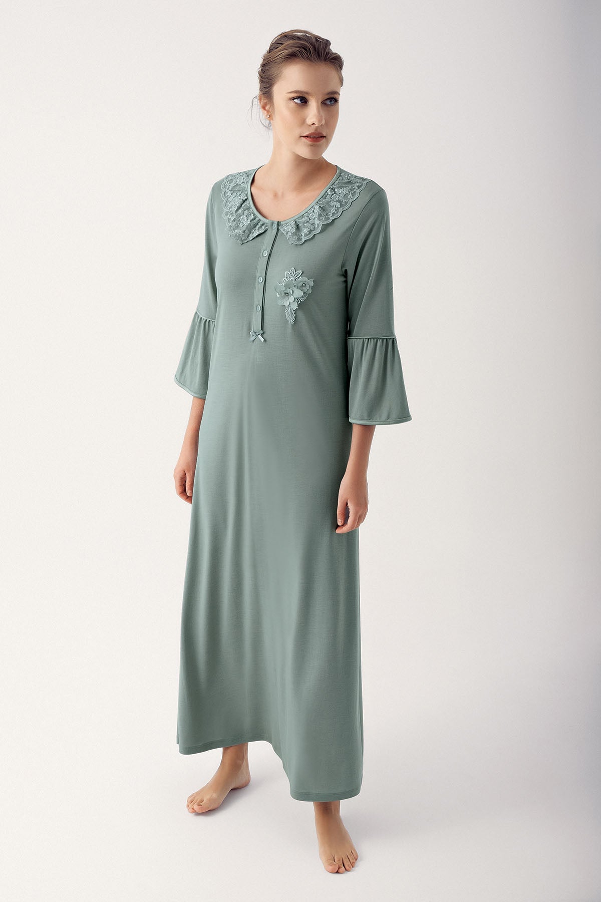 Lace Collar Flywheel Arm Maternity & Nursing Nightgown Green - 14108