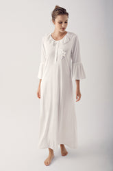 Lace Collar Flywheel Arm Maternity & Nursing Nightgown Ecru - 14108