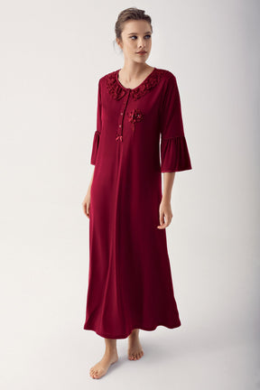 Lace Collar Flywheel Arm Maternity & Nursing Nightgown Claret Red - 14108