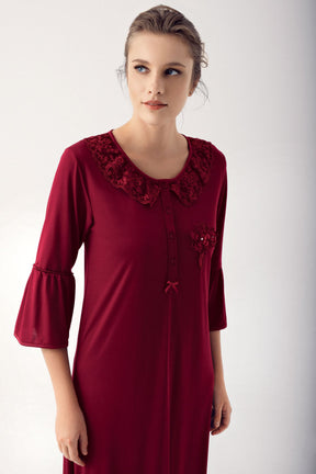 Lace Collar Flywheel Arm Maternity & Nursing Nightgown Claret Red - 14108