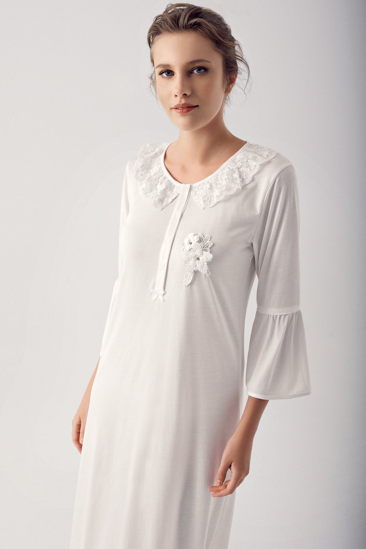 Lace Collar Flywheel Arm Maternity & Nursing Nightgown Ecru - 14108