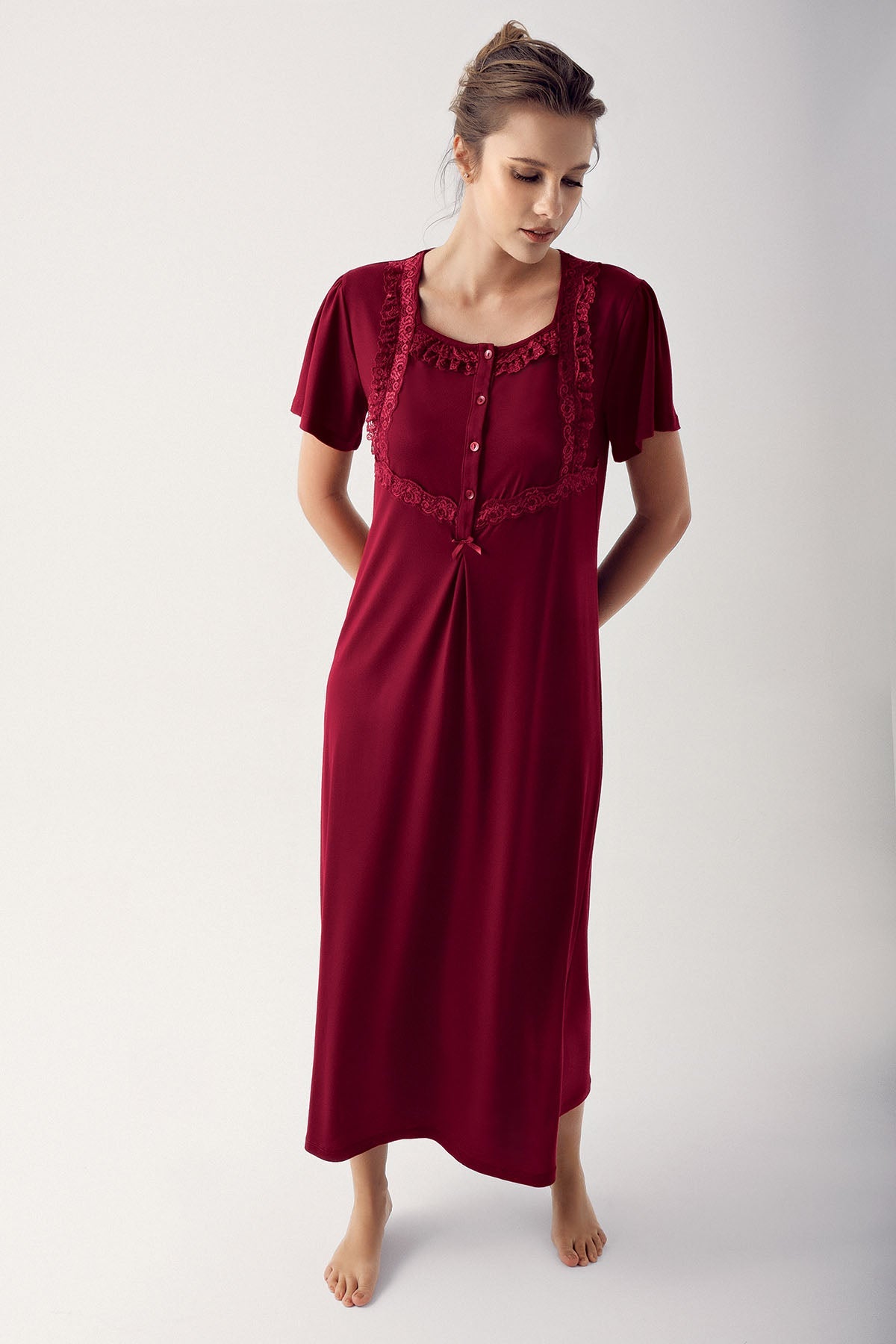 Square Collar Lace Plus Size Maternity & Nursing Nightgown Claret Red - 14110