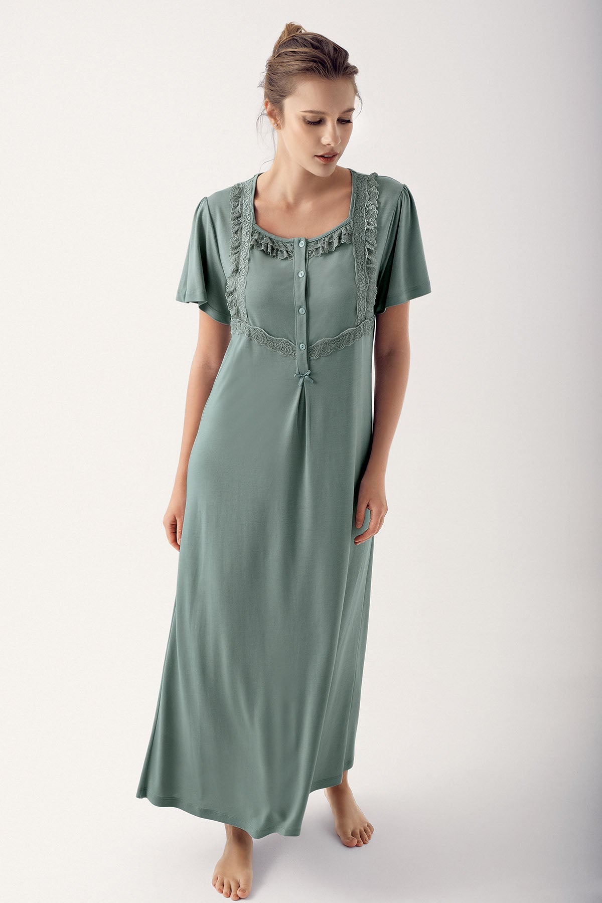 Square Collar Lace Plus Size Maternity & Nursing Nightgown Green - 14110