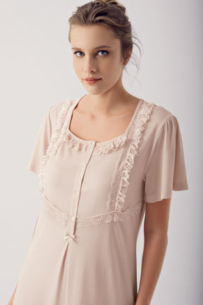 Square Collar Lace Plus Size Maternity & Nursing Nightgown Beige - 14110