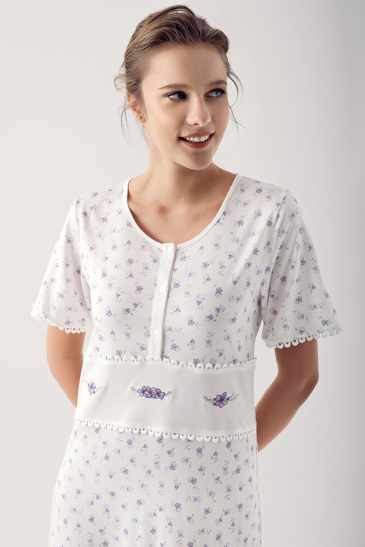 Flower Patterned Plus Size Maternity & Nursing Nightgown Lilac - 14112