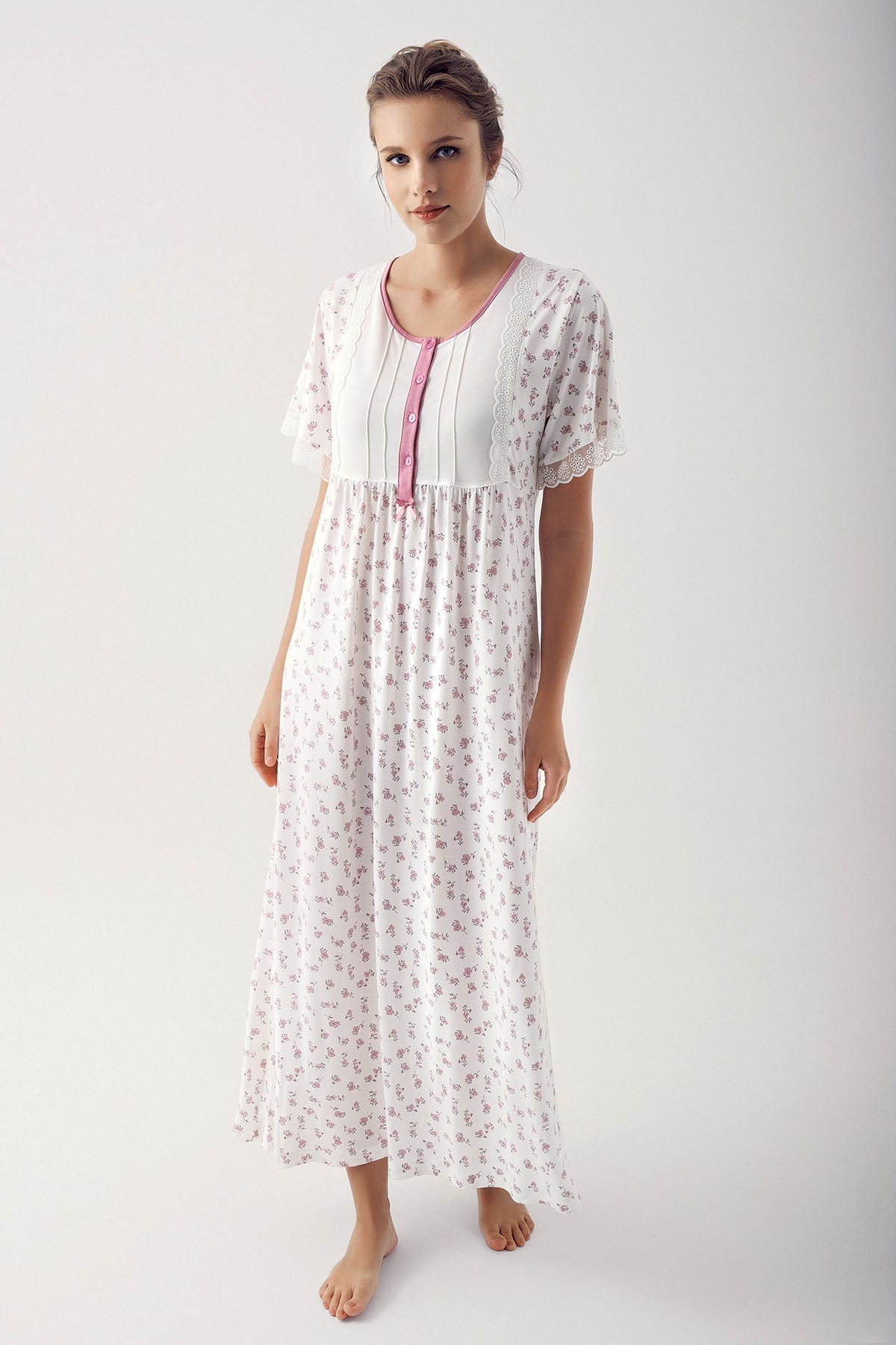 Flower Pattern Lace Plus Size Maternity & Nursing Nightgown Dried Rose - 14113