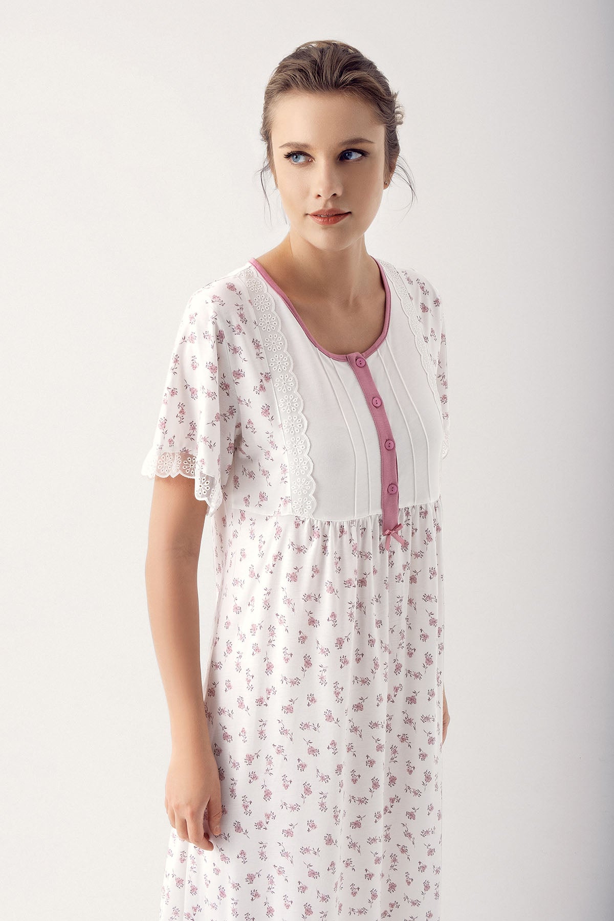 Flower Pattern Lace Plus Size Maternity & Nursing Nightgown Dried Rose - 14113