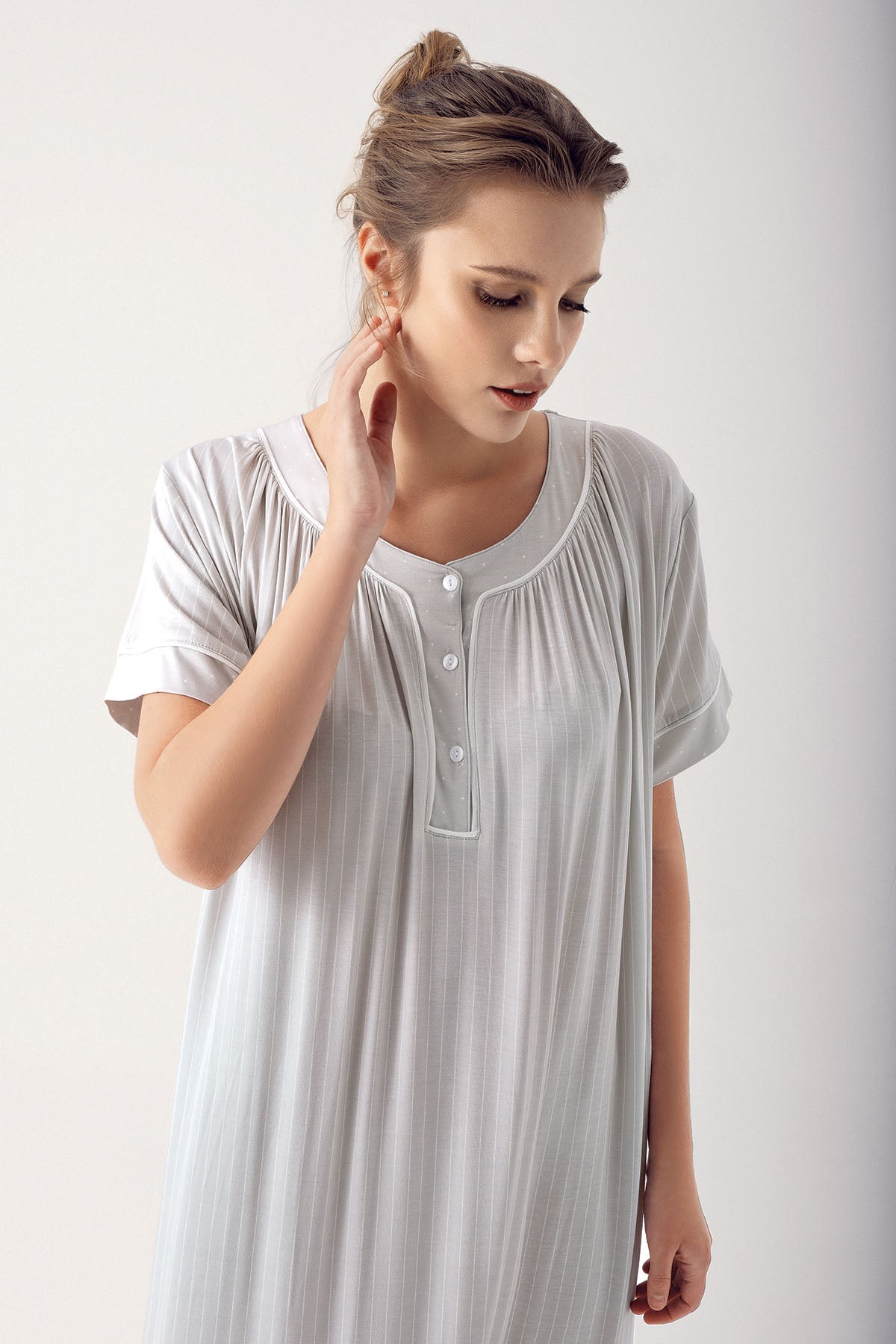 Striped Maternity & Nursing Nightgown Grey - 14115