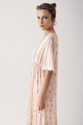 Lace Collar Flower Pattern Plus Size Maternity & Nursing Nightgown Beige - 14126