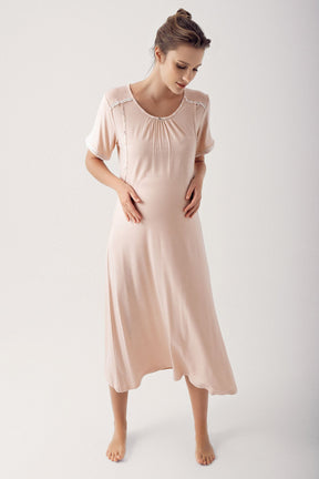Breastfeeding Detailed Maternity & Nursing Nightgown With Patterned Robe Beige - 14404