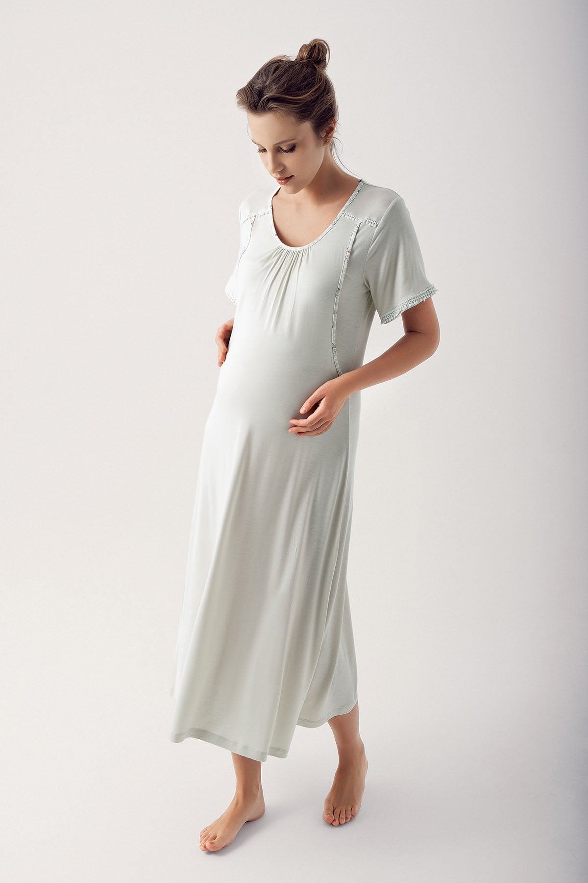 Breastfeeding Detailed Maternity & Nursing Nightgown With Patterned Robe Green - 14404