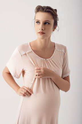 Breastfeeding Detailed Maternity & Nursing Nightgown Beige - 14127