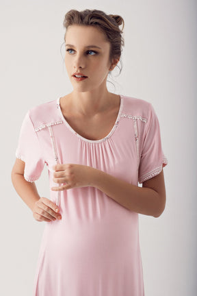 Breastfeeding Detailed Maternity & Nursing Nightgown With Patterned Robe Powder - 14404