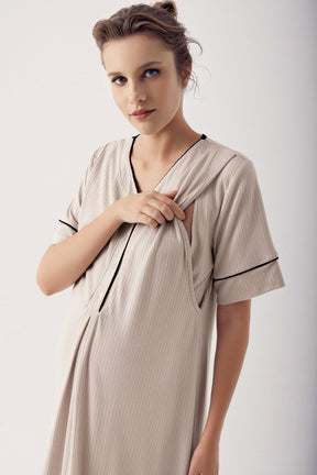Double Breast Feeding Maternity & Nursing Nightgown Beige - 14128
