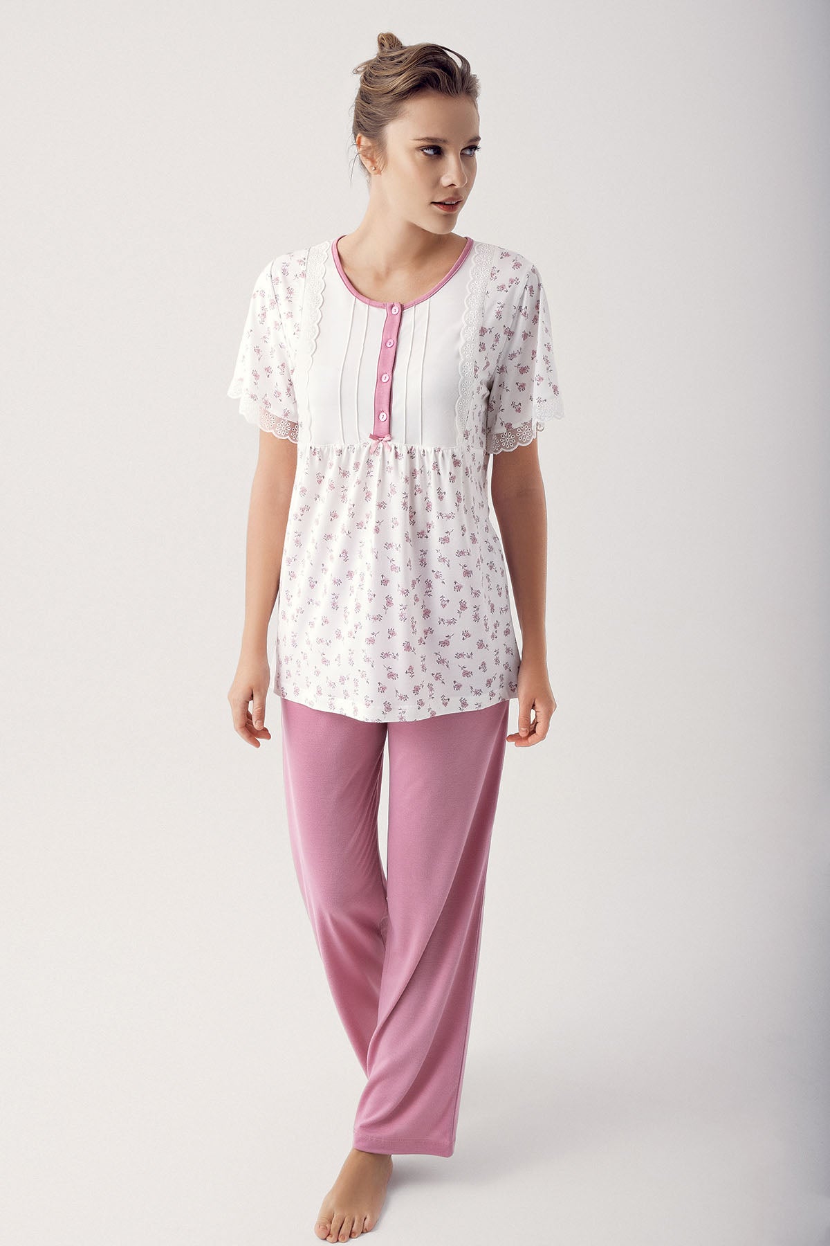 Flower Pattern Lace Plus Size Maternity & Nursing Pajamas Dried Rose - 14201