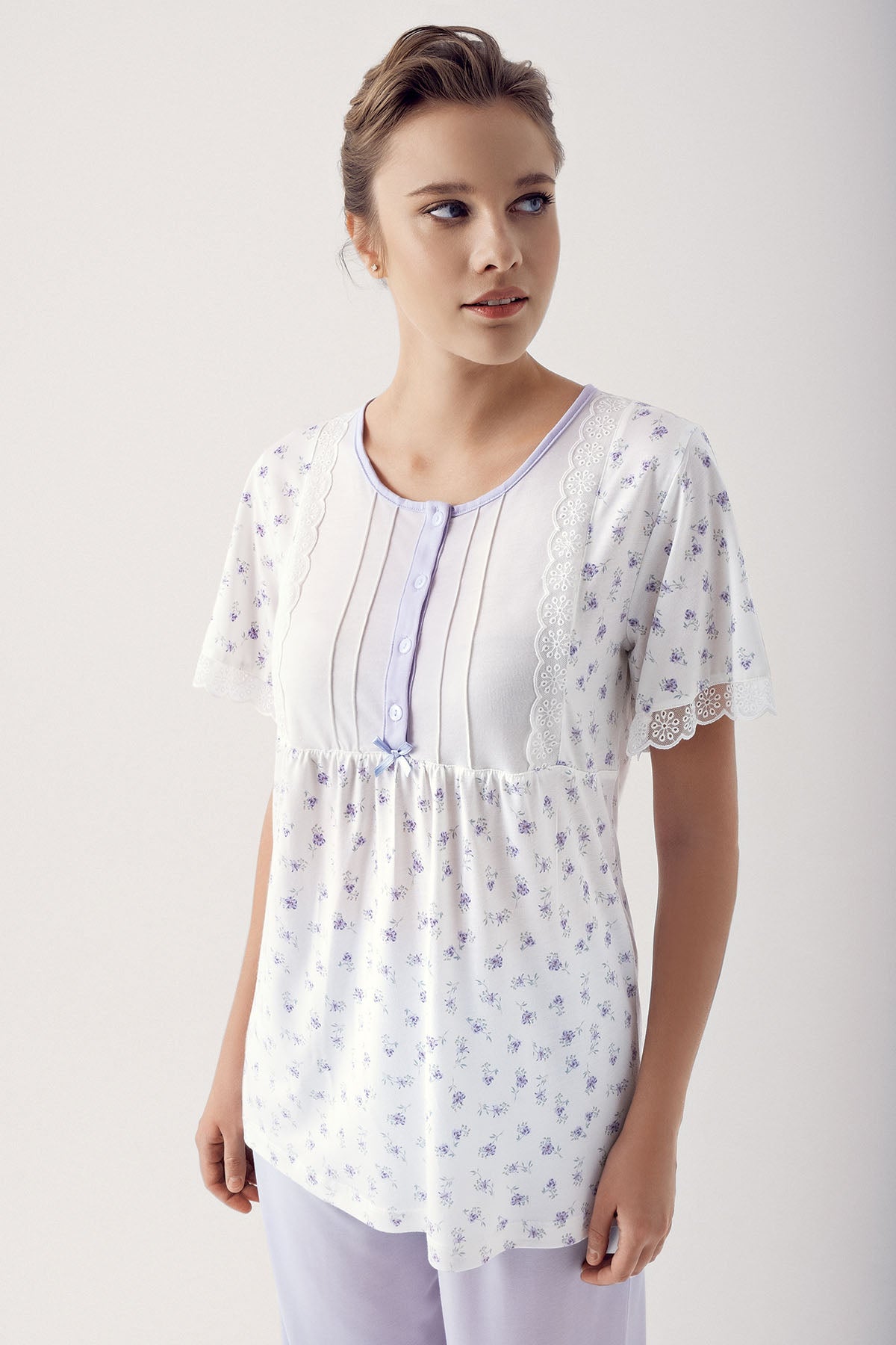 Flower Pattern Lace Plus Size Maternity & Nursing Pajamas Lilac - 14201