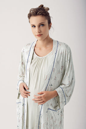 Breastfeeding Detailed 3-Pieces Maternity & Nursing Pajamas With Patterned Robe Green - 14304