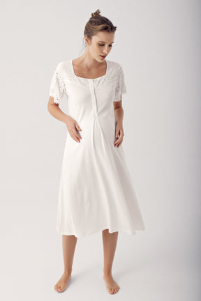 Motif Embroidered Maternity & Nursing Nightgown With Robe Ecru - 14400