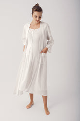 Motif Embroidered Maternity & Nursing Nightgown With Robe Ecru - 14400