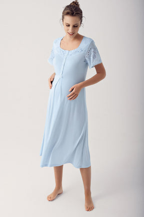 Motif Embroidered Maternity & Nursing Nightgown With Robe Blue - 14400