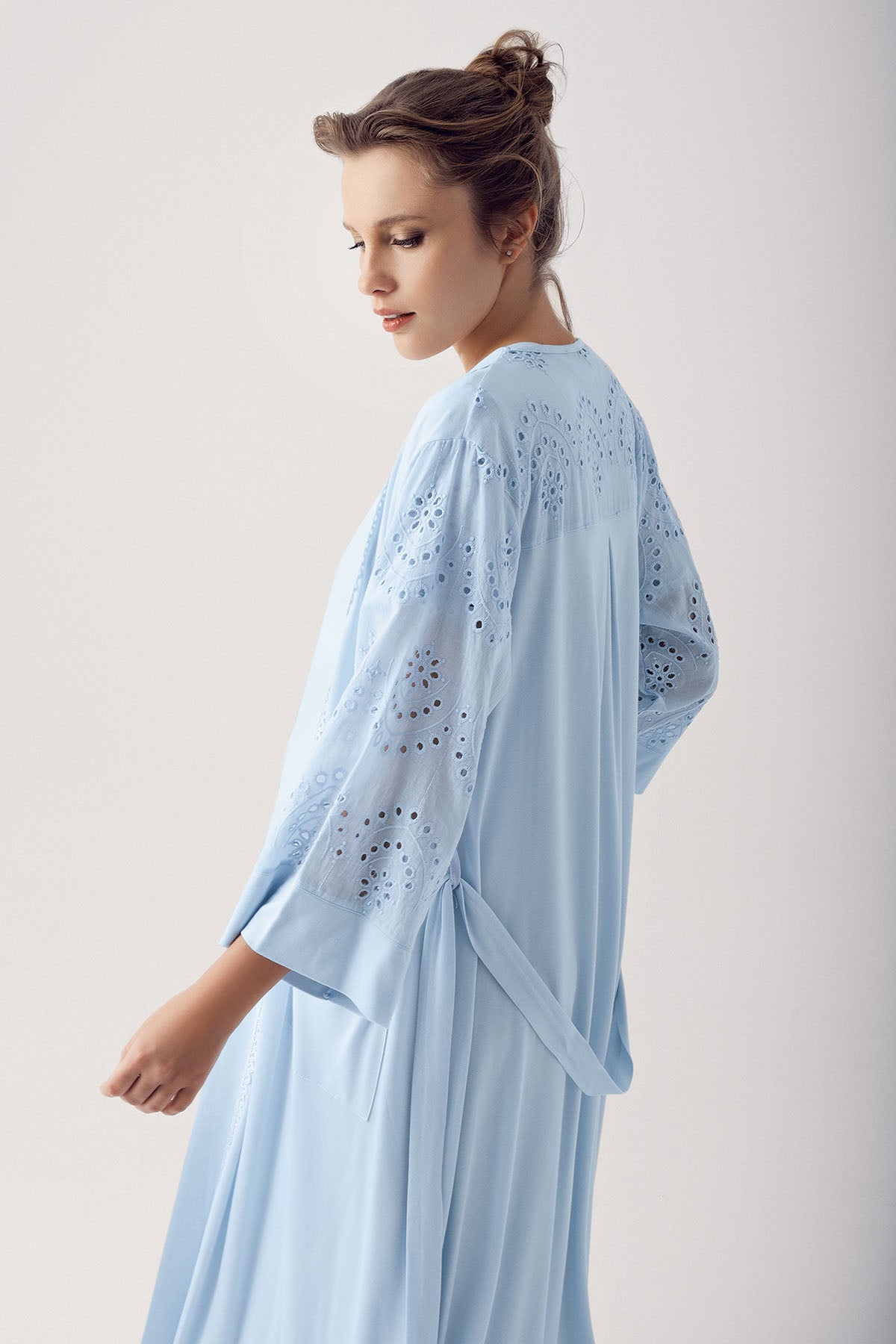 Motif Embroidered Maternity & Nursing Nightgown With Robe Blue - 14400