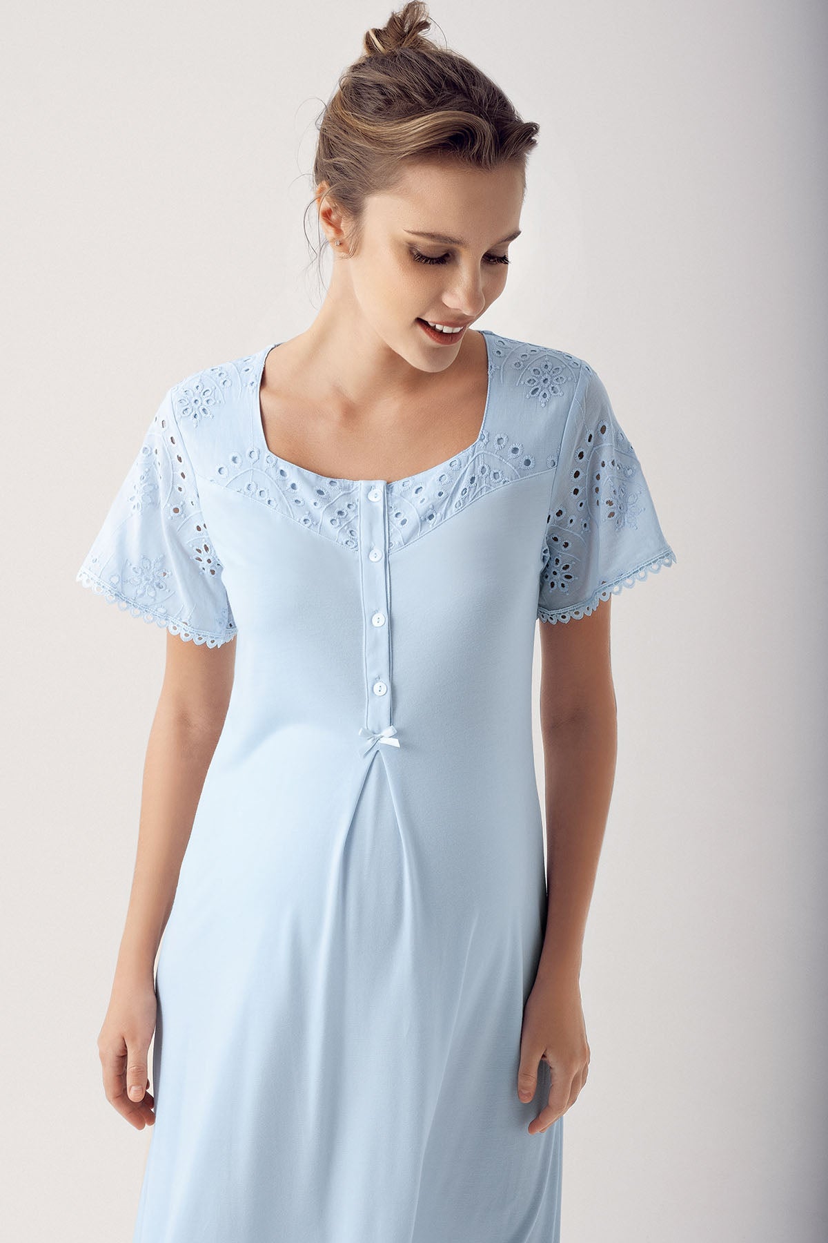 Motif Embroidered Maternity & Nursing Nightgown With Robe Blue - 14400