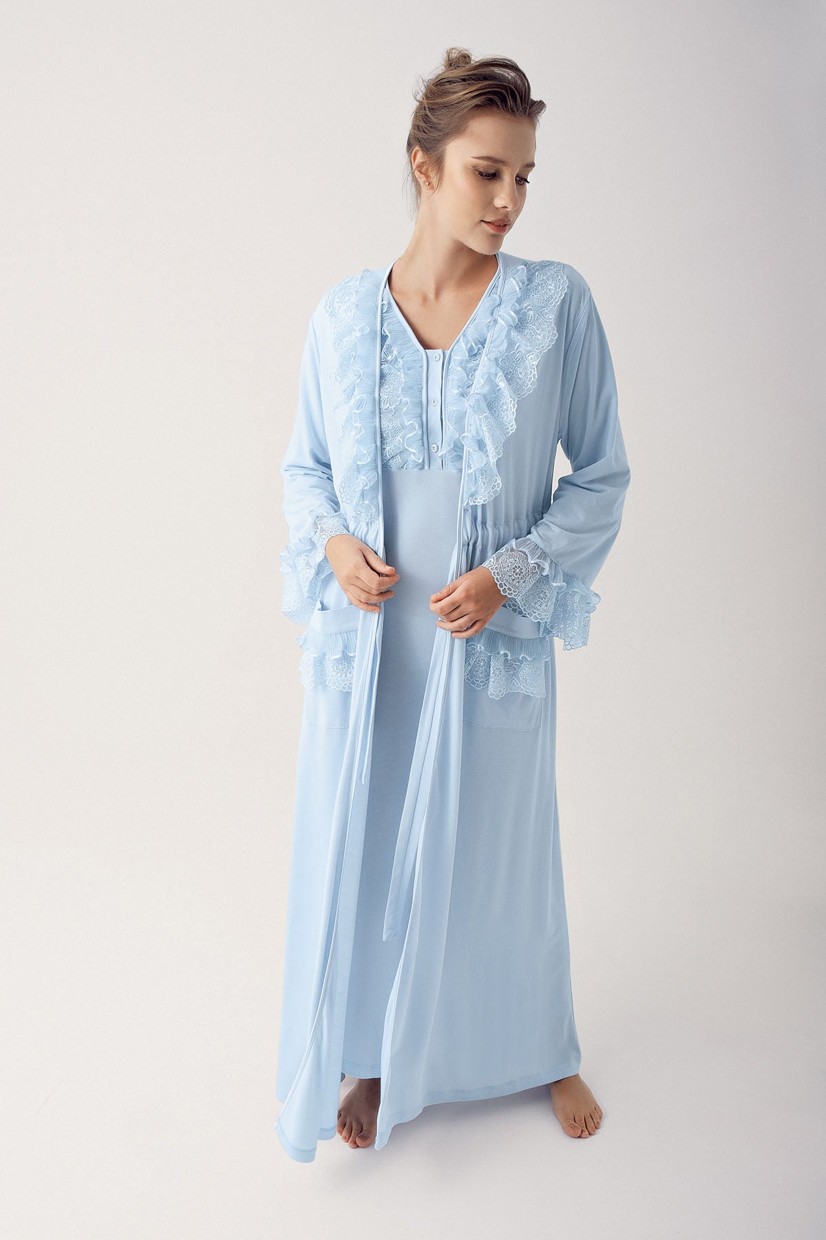 Leaf Lace Maternity & Nursing Nightgown With Robe Blue - 14403
