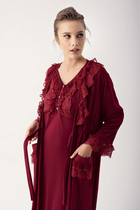 Leaf Lace Maternity & Nursing Nightgown With Robe Claret Red - 14403
