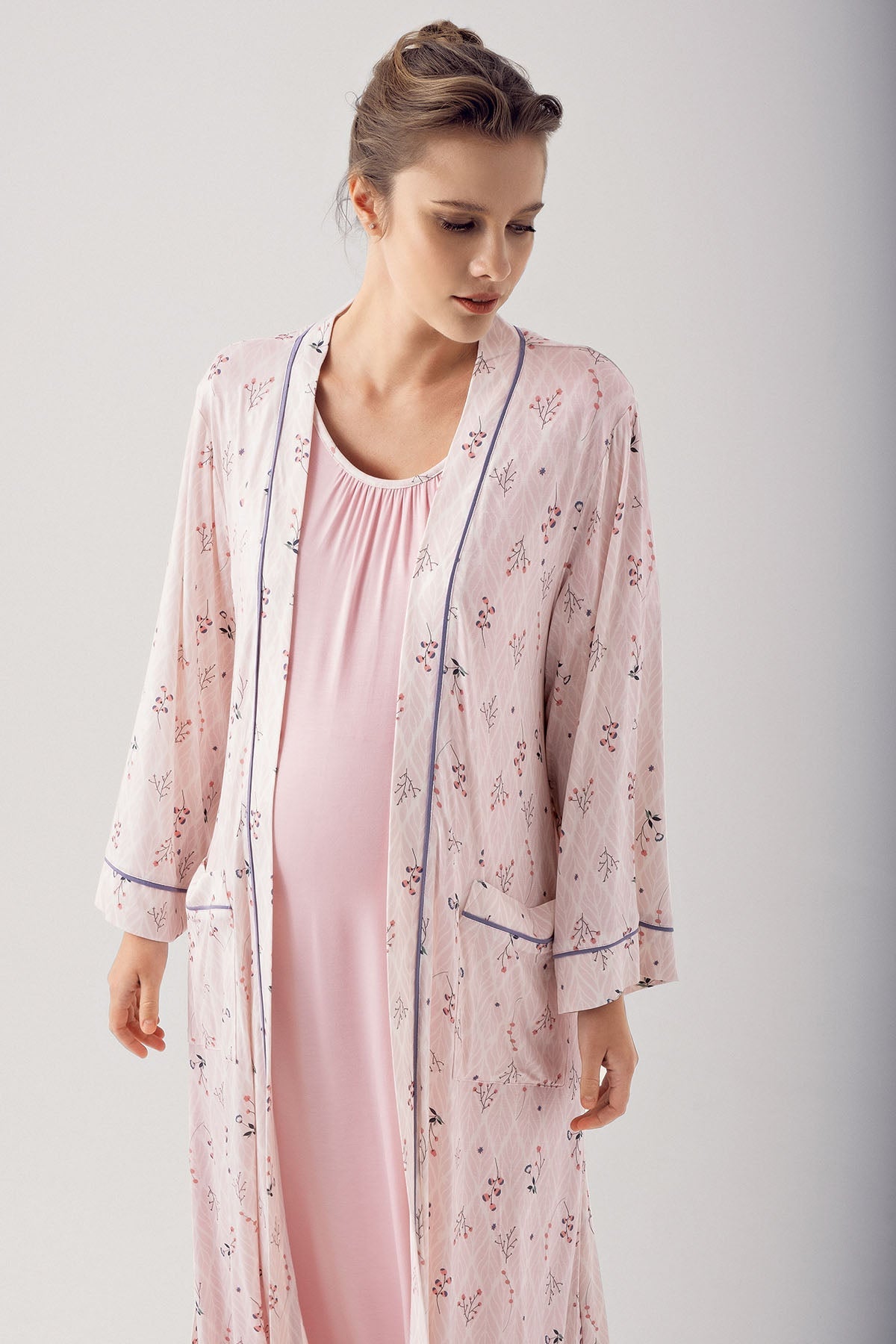 Breastfeeding Detailed Maternity & Nursing Nightgown With Patterned Robe Powder - 14404