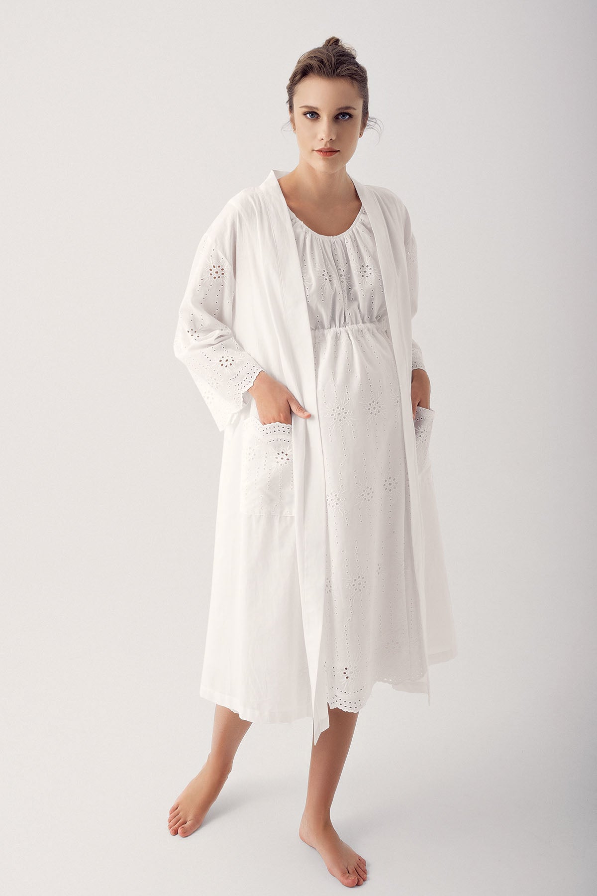 Woven Maternity & Nursing Nightgown With Robe Ecru - 14407