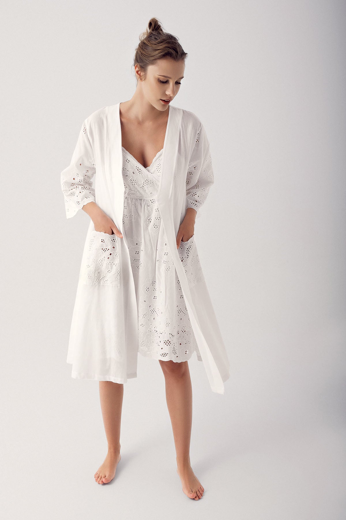 Woven Maternity & Nursing Nightgown With Robe Ecru - 14408