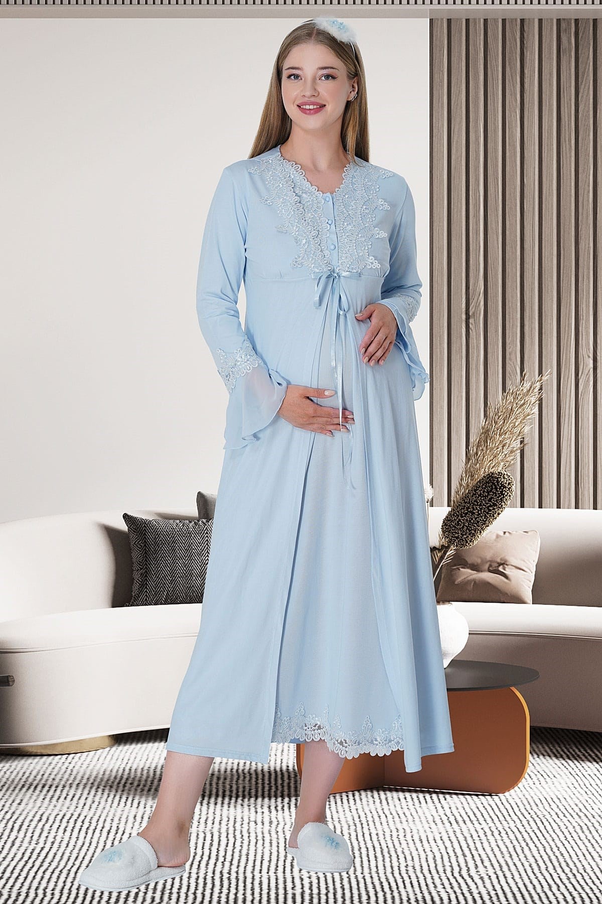 Lace Maternity & Nursing Nightgown With Robe Blue - 1518