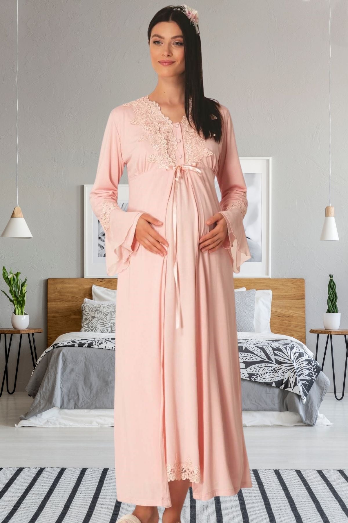 Lace Maternity & Nursing Nightgown With Robe Powder - 1518