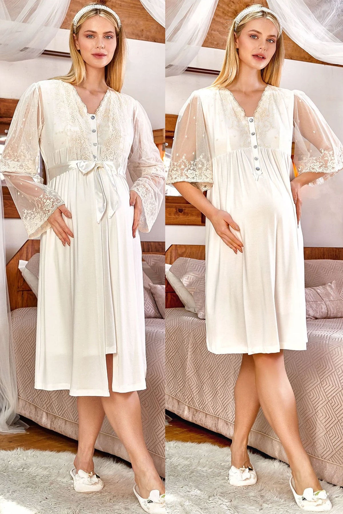 Tulle Lace Sleeve Maternity & Nursing Nightgown With Robe Ecru - 150148